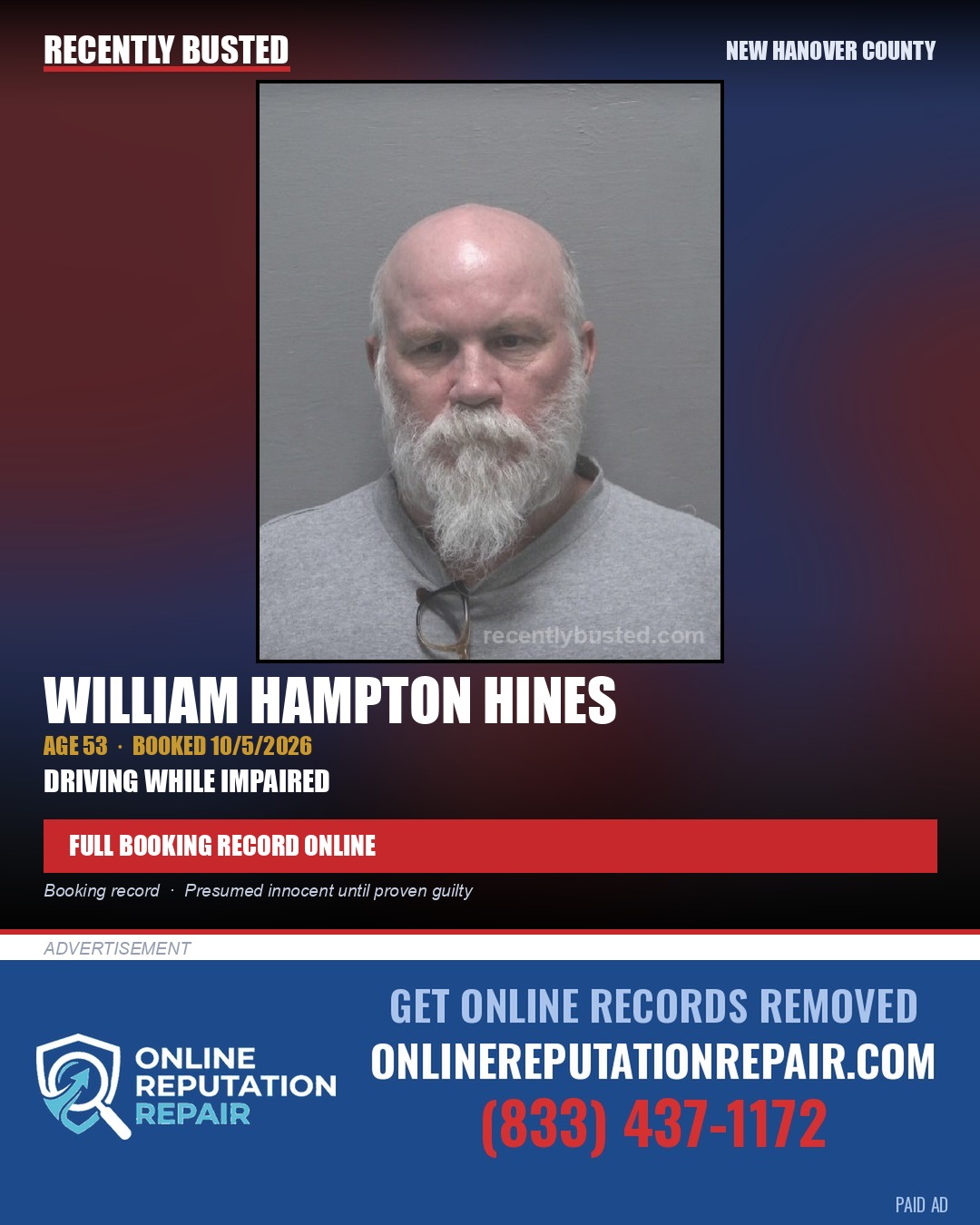 WILLIAM HAMPTON HINES — arrest record card, New Hanover County