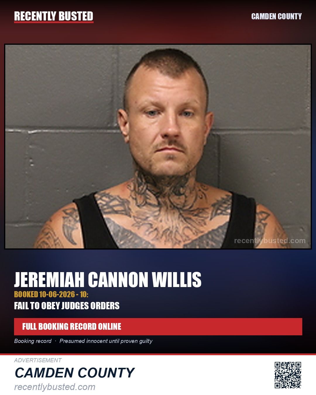 Willis, Jeremiah Cannon — arrest record card, Camden County