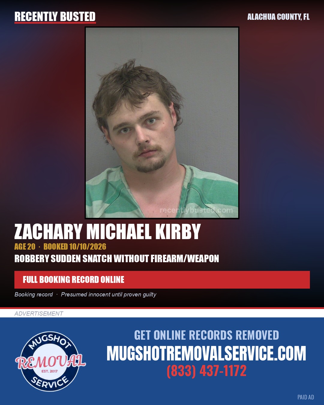 Zachary Michael Kirby — arrest record card, Alachua County, Florida
