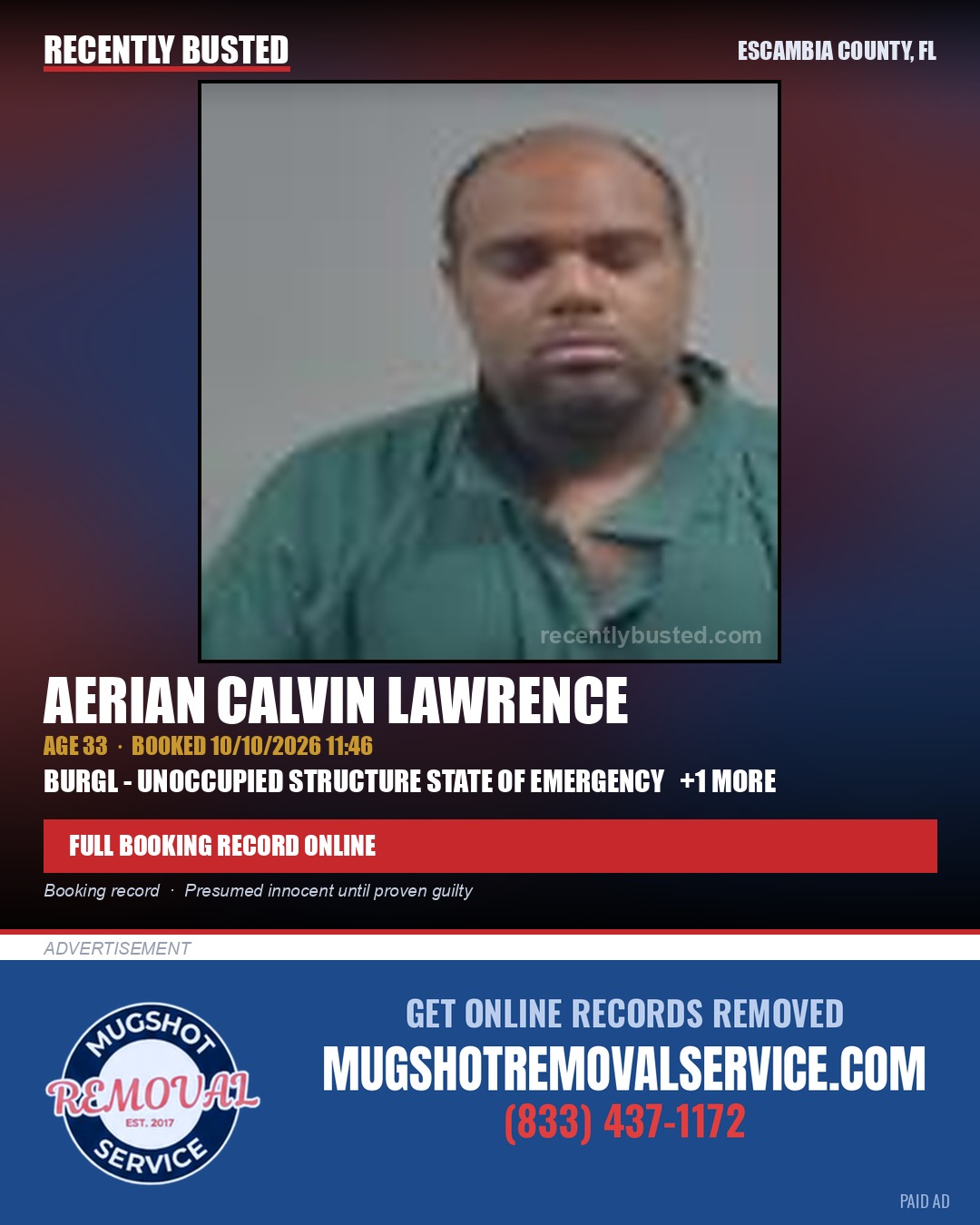 Aerian Calvin Lawrence — arrest record card, Escambia County, Florida