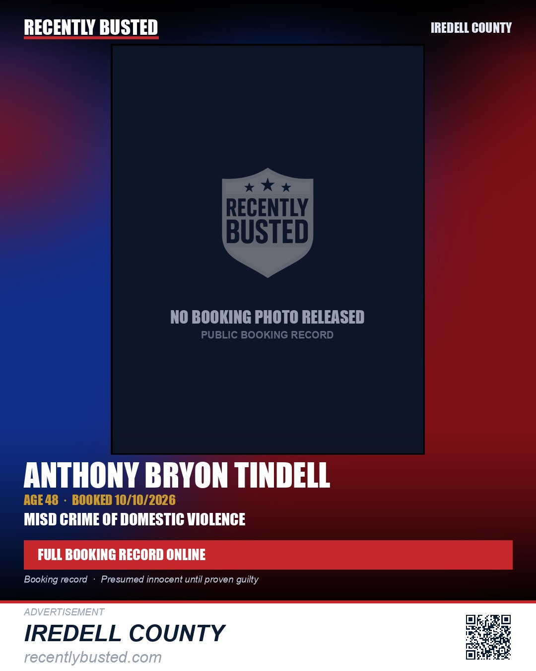 ANTHONY BRYON TINDELL — arrest record card, Iredell County