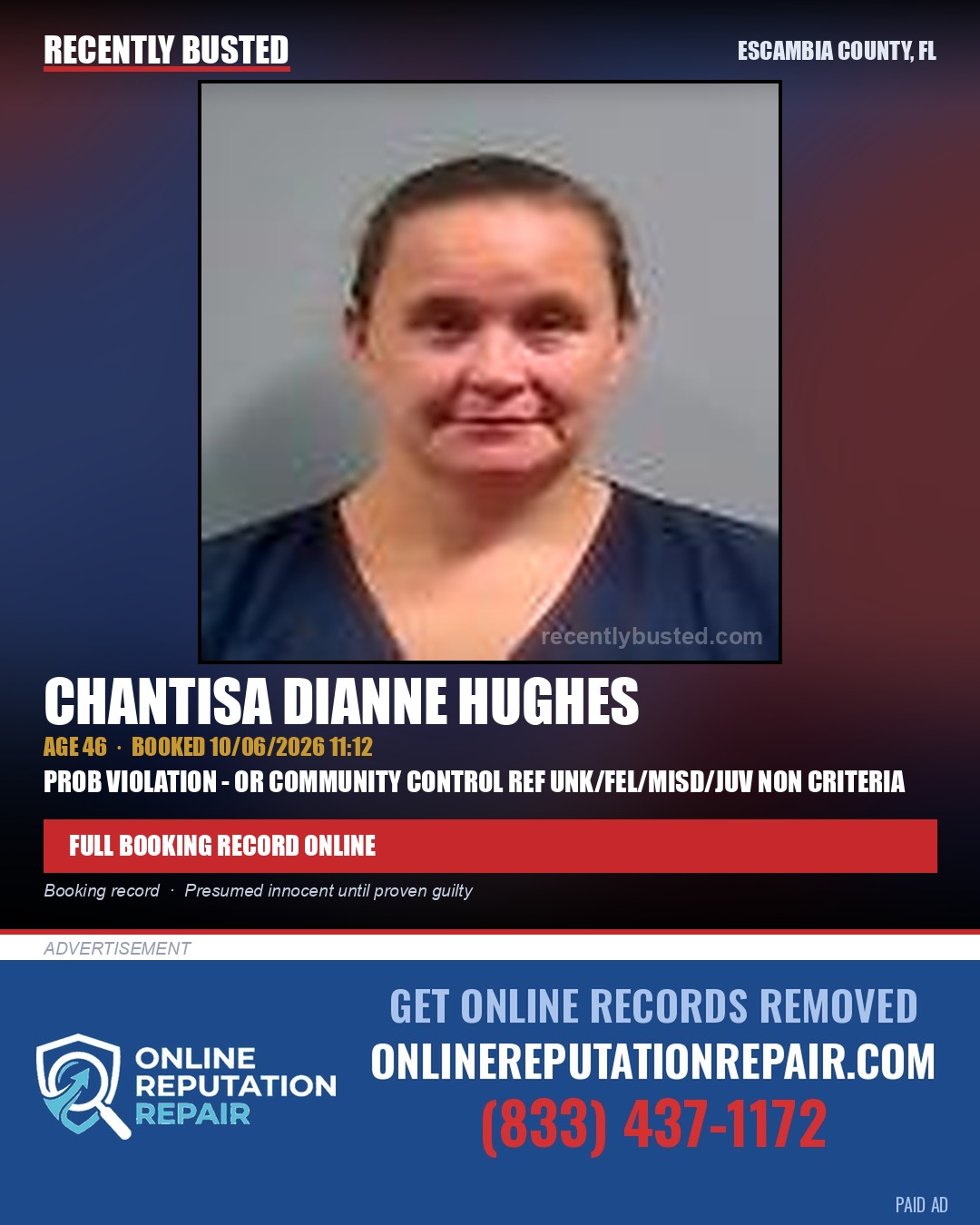 Chantisa Dianne Hughes — arrest record card, Escambia County, Florida