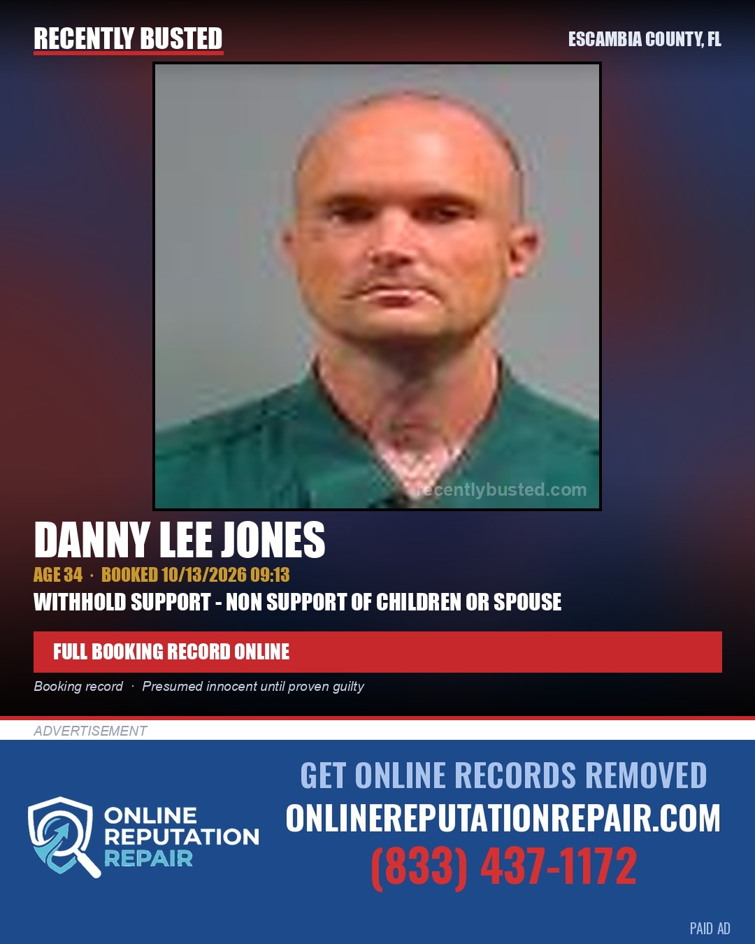 Danny Lee Jones — arrest record card, Escambia County, Florida
