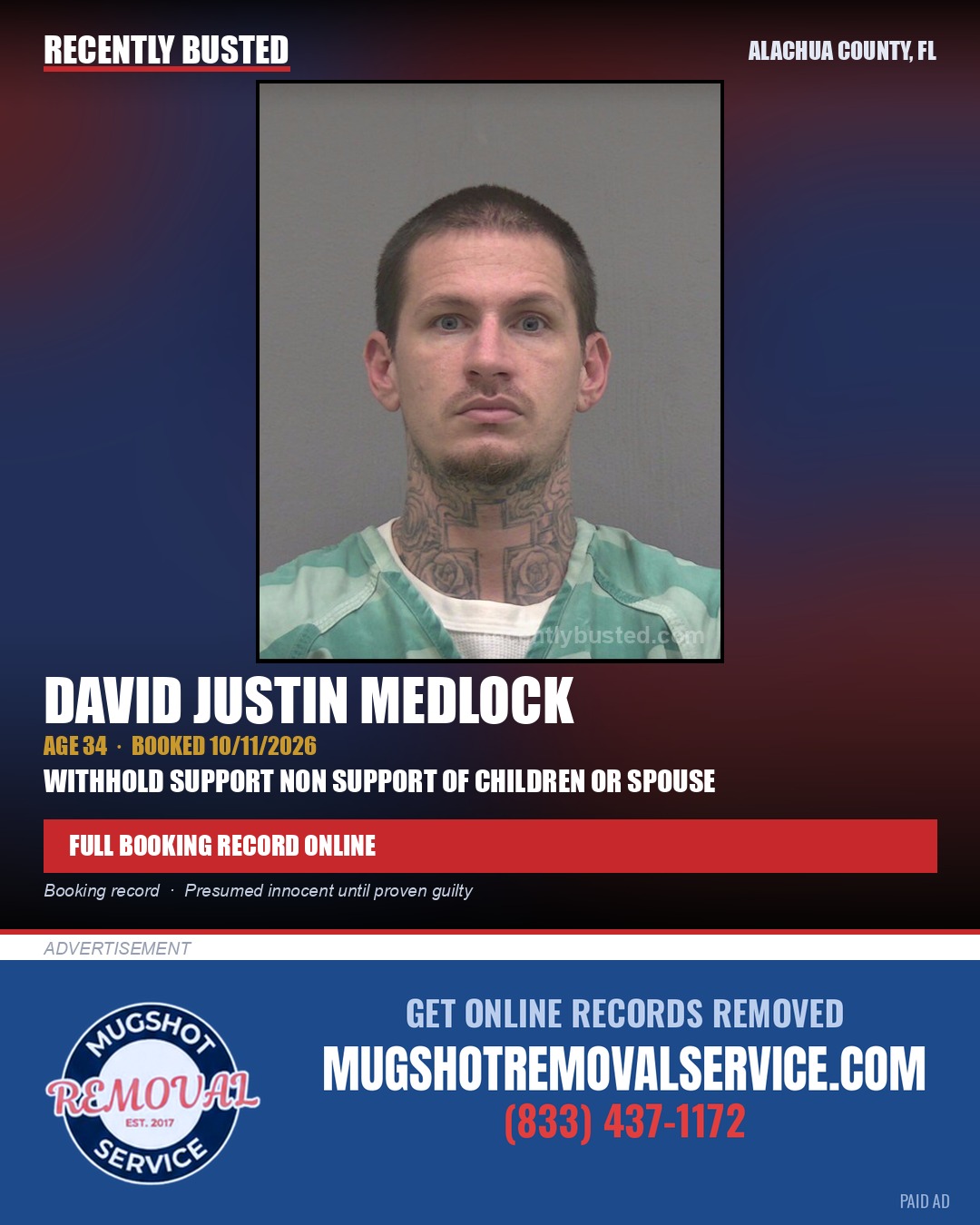 David Justin Medlock — arrest record card, Alachua County, Florida