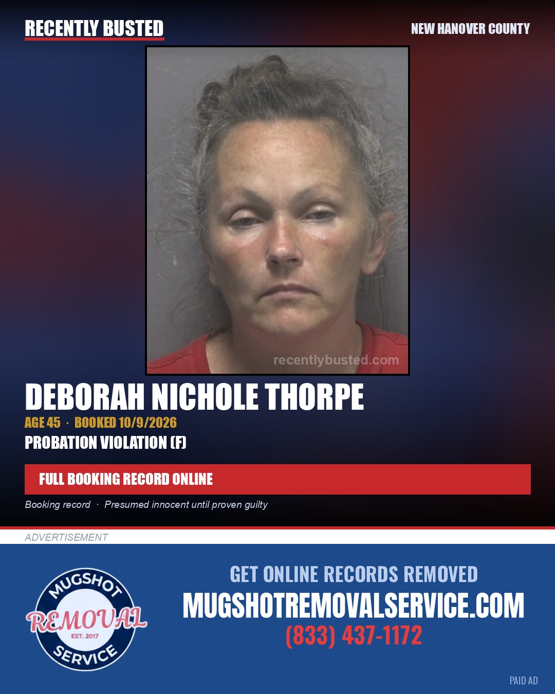 DEBORAH NICHOLE THORPE — arrest record card, New Hanover County