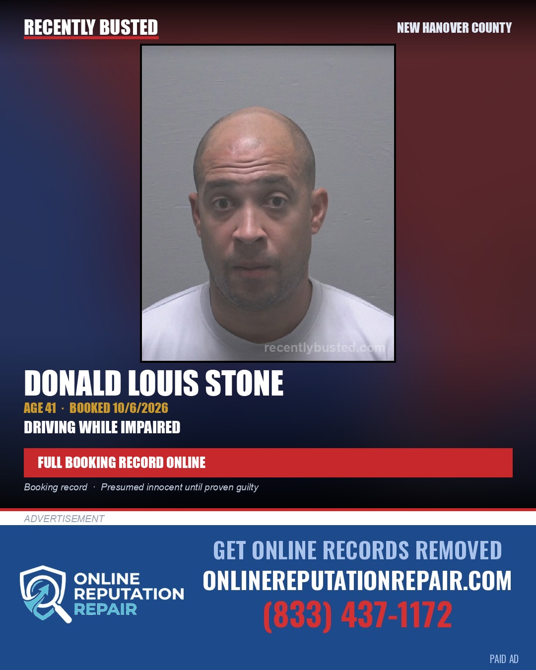 DONALD LOUIS STONE — arrest record card, New Hanover County