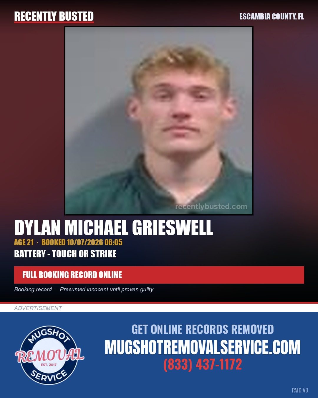 Dylan Michael Grieswell — arrest record card, Escambia County, Florida
