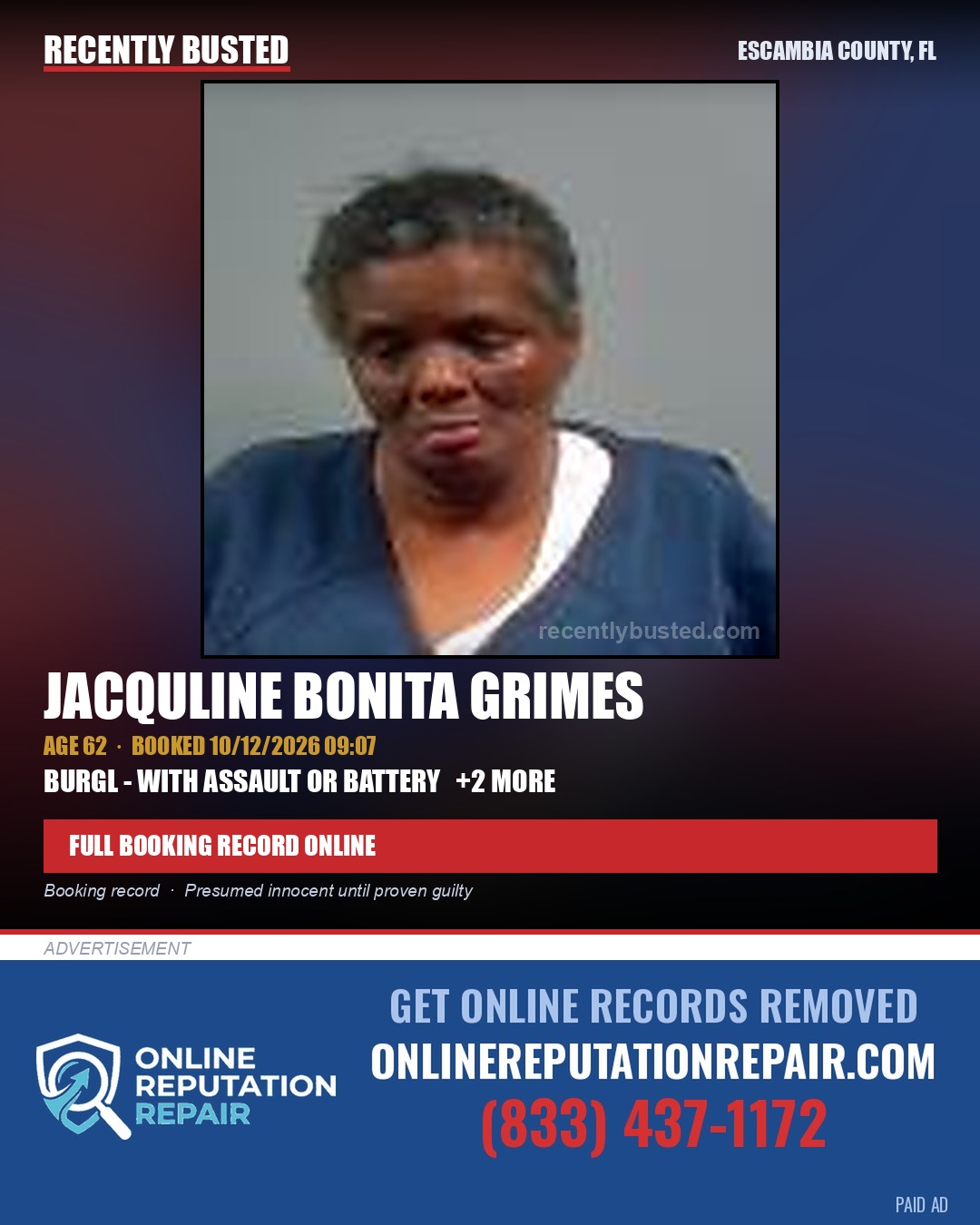 Jacquline Bonita Grimes — arrest record card, Escambia County, Florida