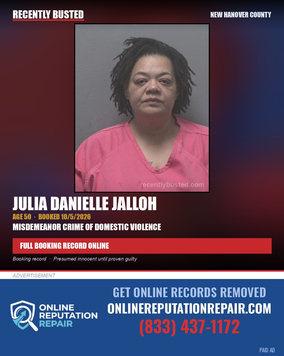 JULIA DANIELLE JALLOH — arrest record card, New Hanover County
