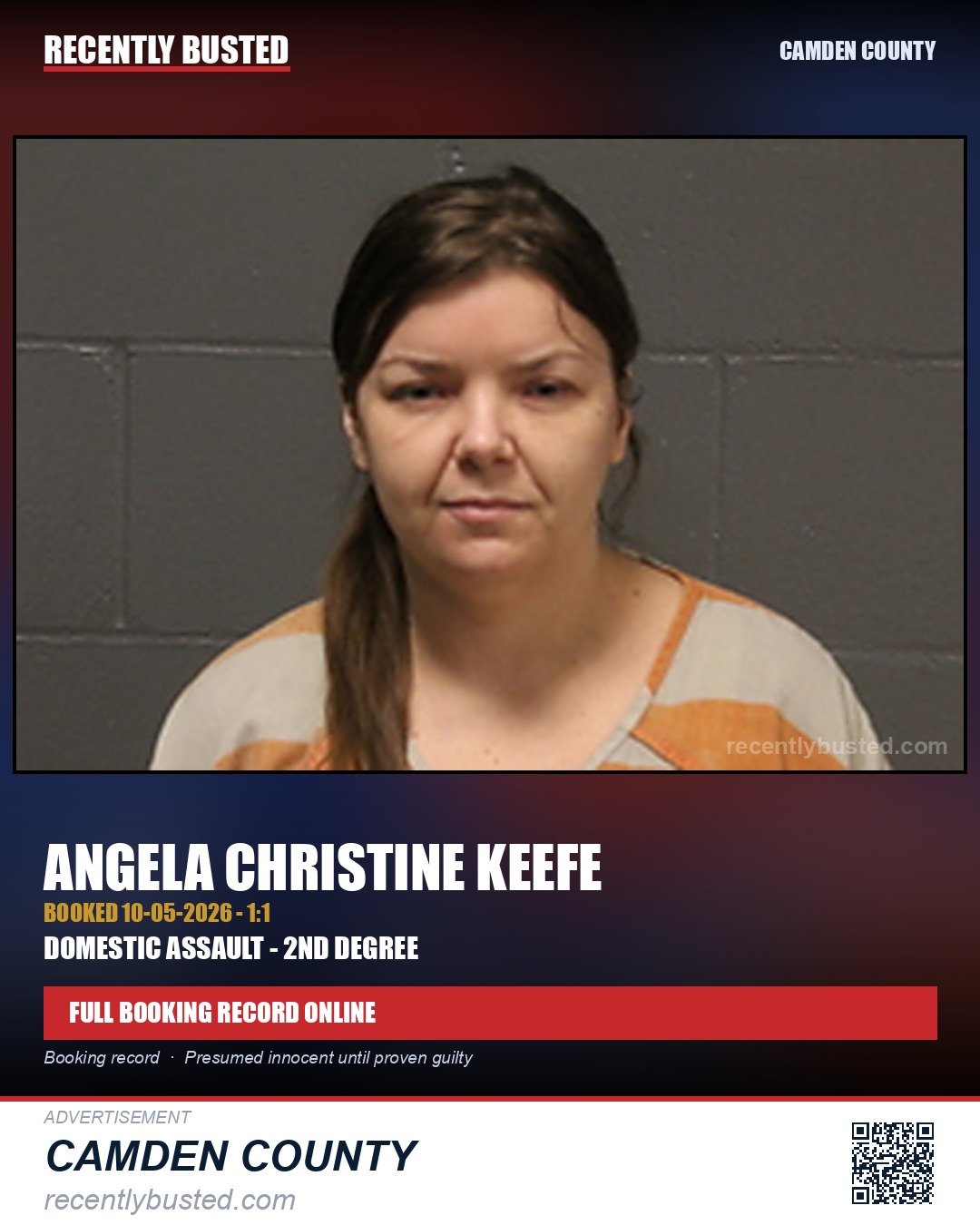 Keefe, Angela Christine — arrest record card, Camden County
