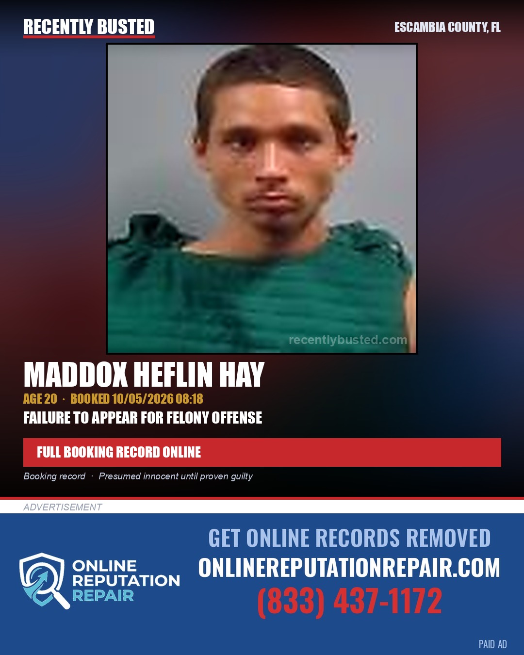 Maddox Heflin Hay — arrest record card, Escambia County, Florida