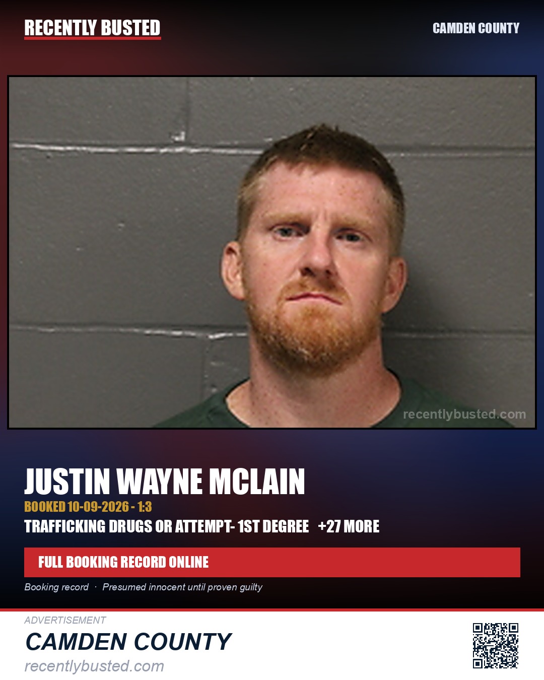 Mclain, Justin Wayne — arrest record card, Camden County