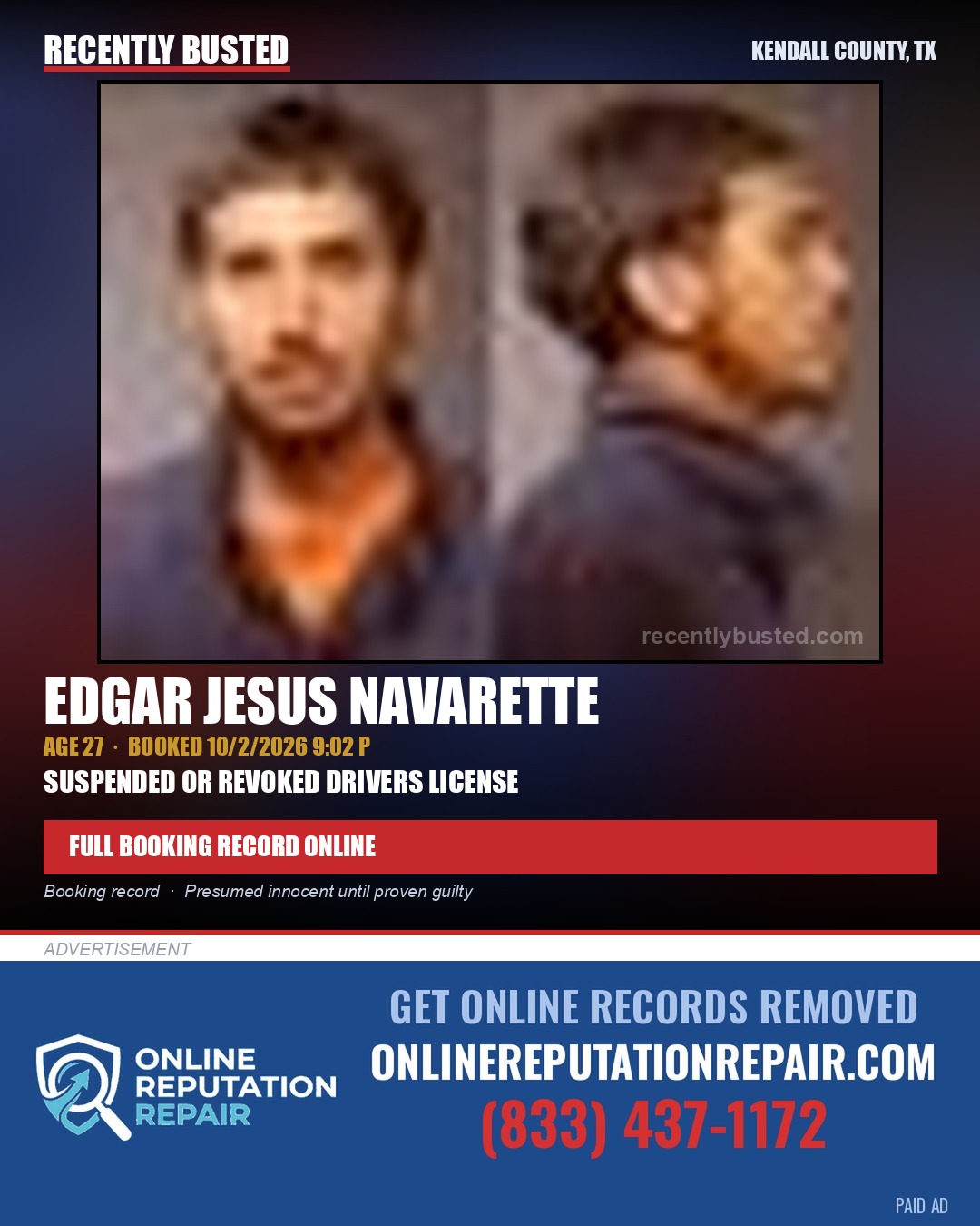NAVARETTE, EDGAR JESUS — arrest record card, Kendall County, Illinois