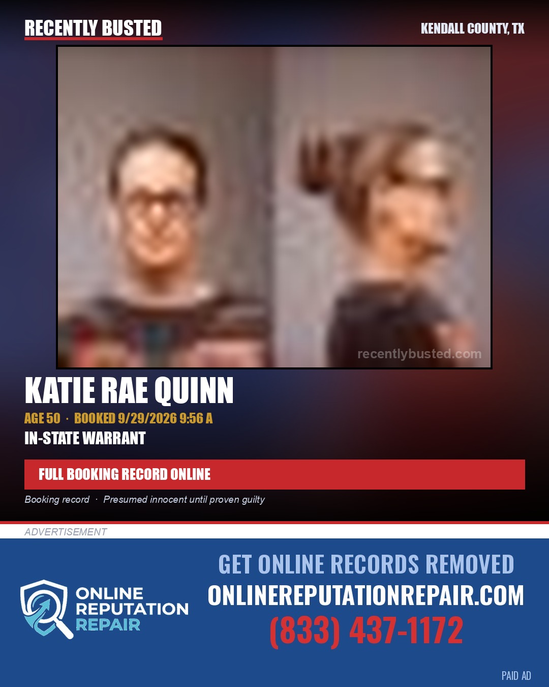 QUINN, KATIE RAE — arrest record card, Kendall County, Illinois