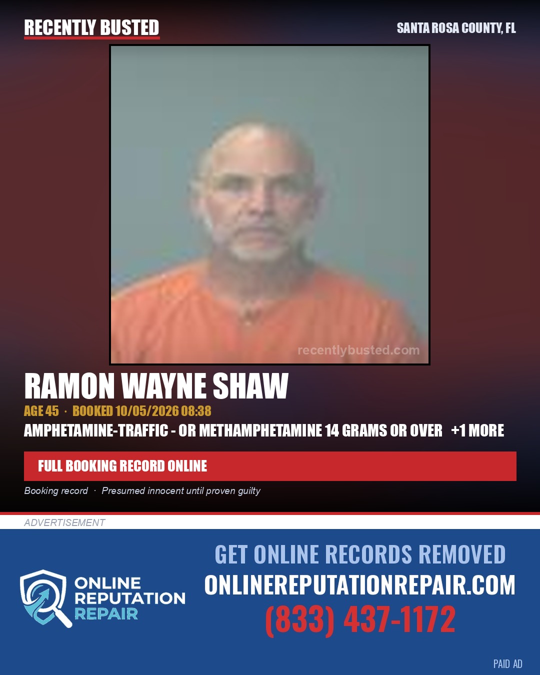 Ramon Wayne Shaw — arrest record card, Santa Rosa County, Florida