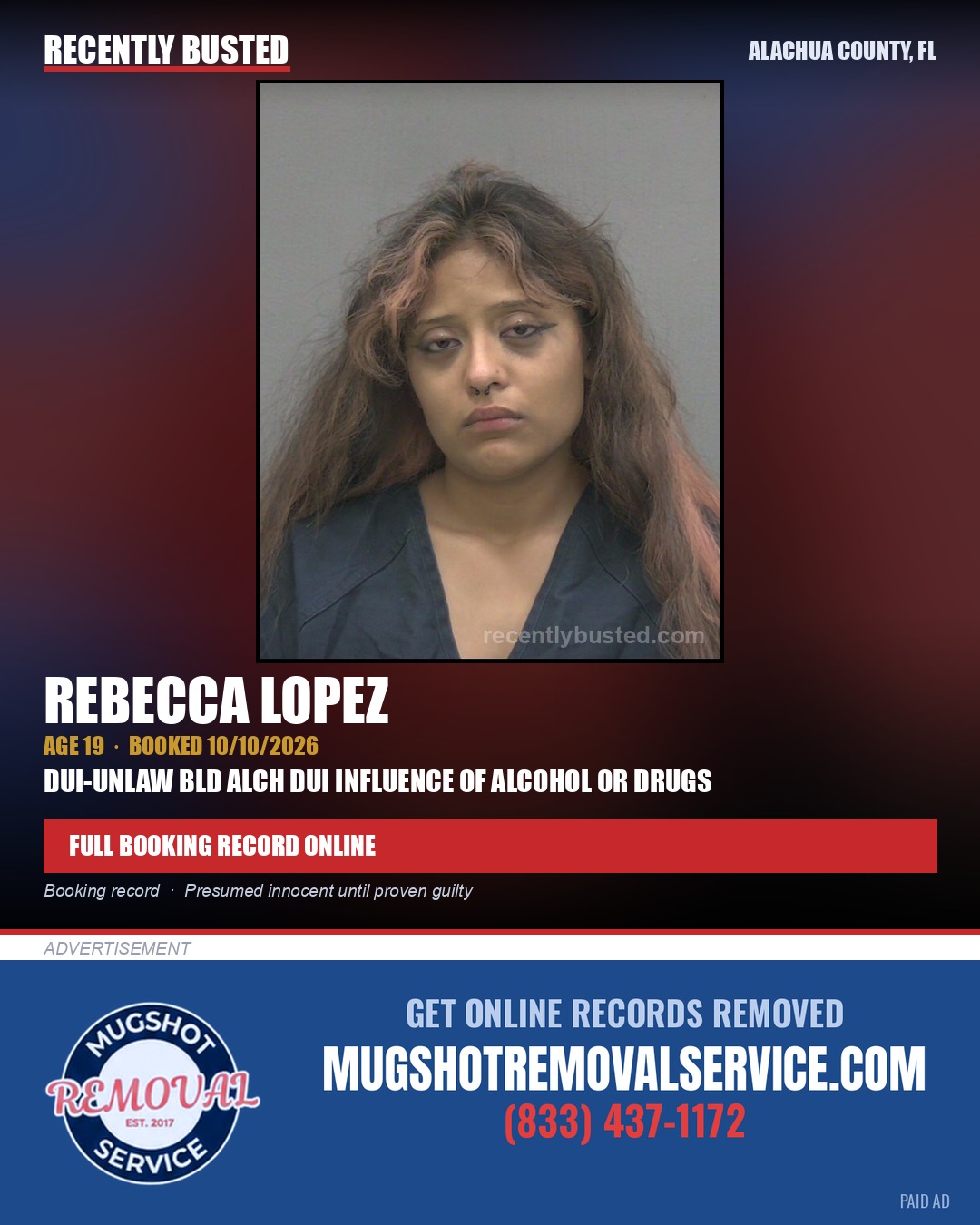 Rebecca Lopez — arrest record card, Alachua County, Florida