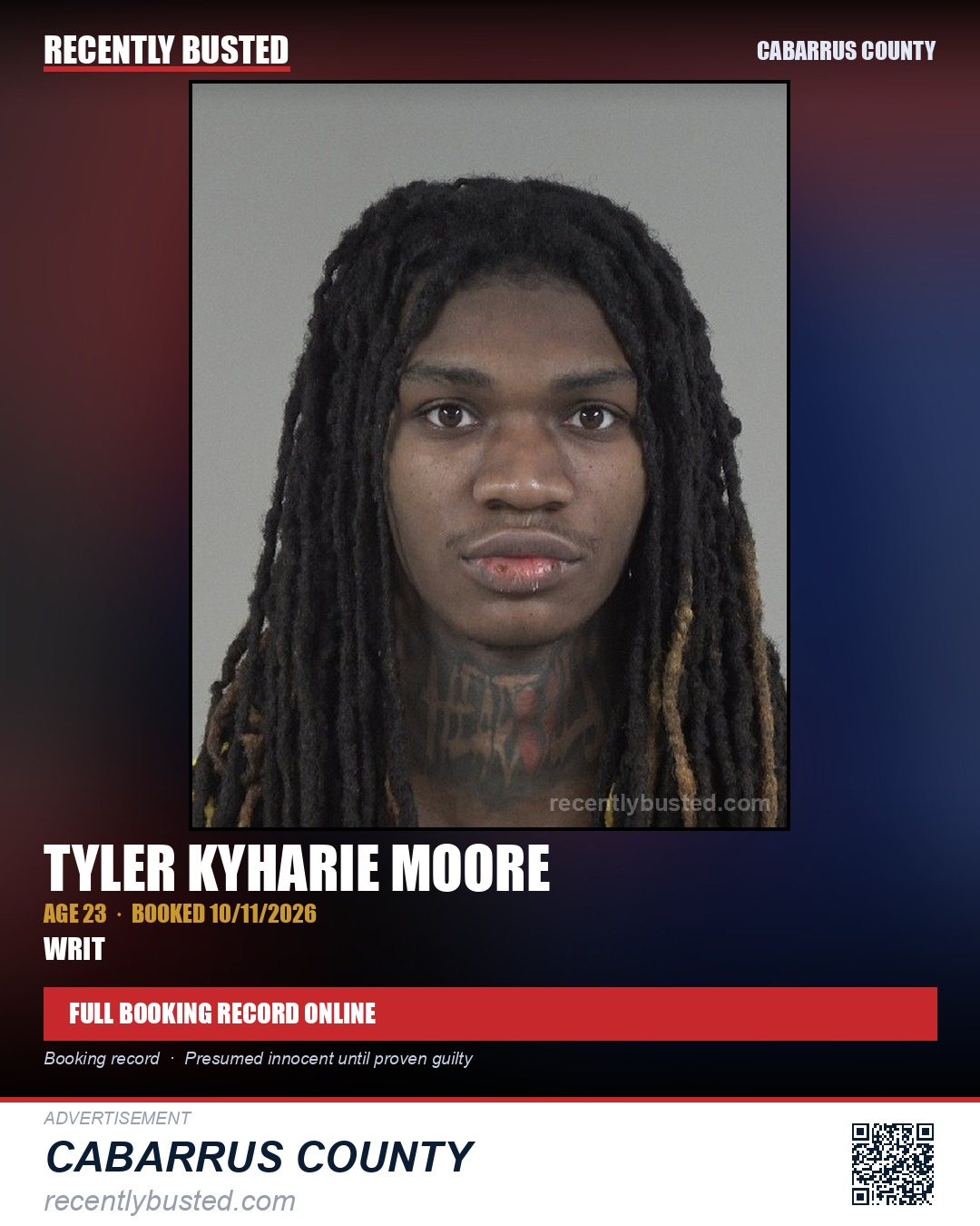 TYLER KYHARIE MOORE — arrest record card, Cabarrus County