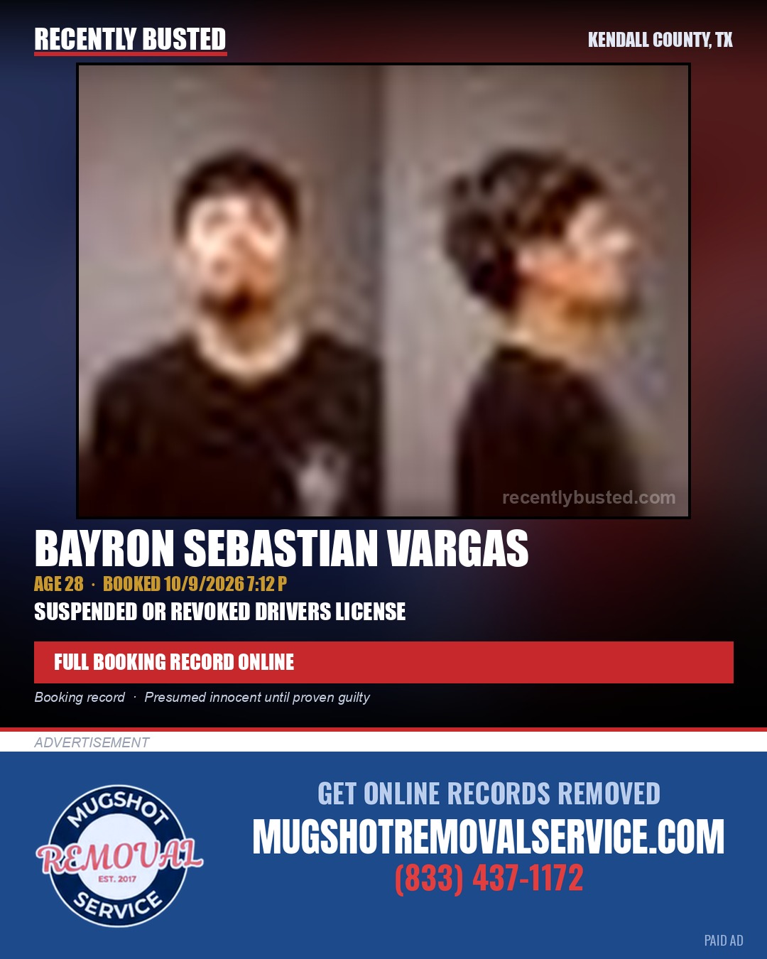 VARGAS, BAYRON SEBASTIAN — arrest record card, Kendall County, Illinois