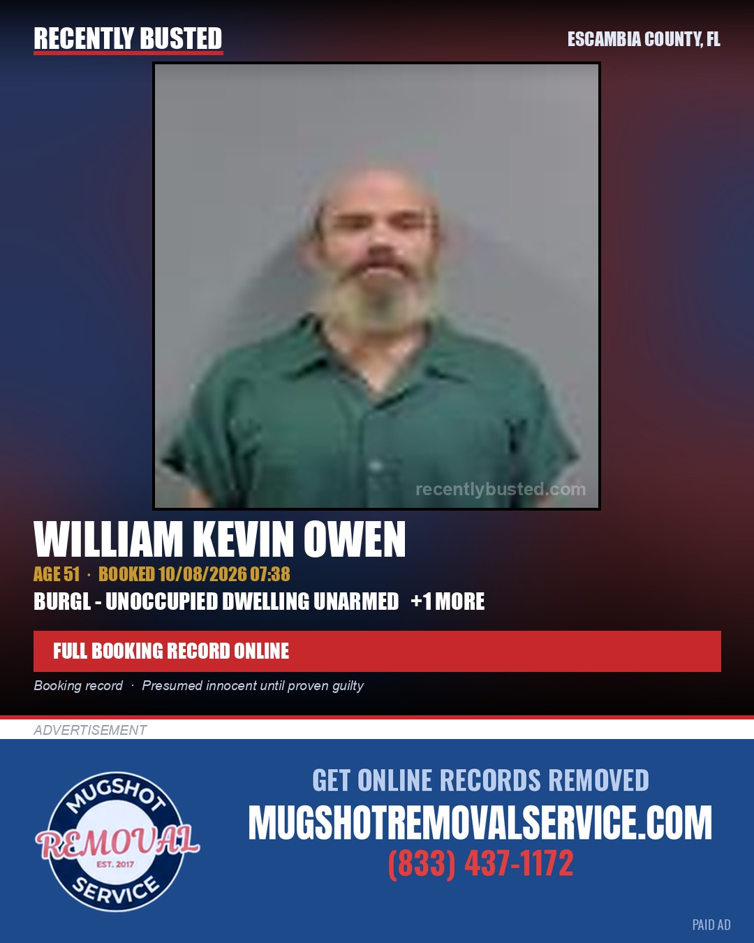 William Kevin Owen — arrest record card, Escambia County, Florida