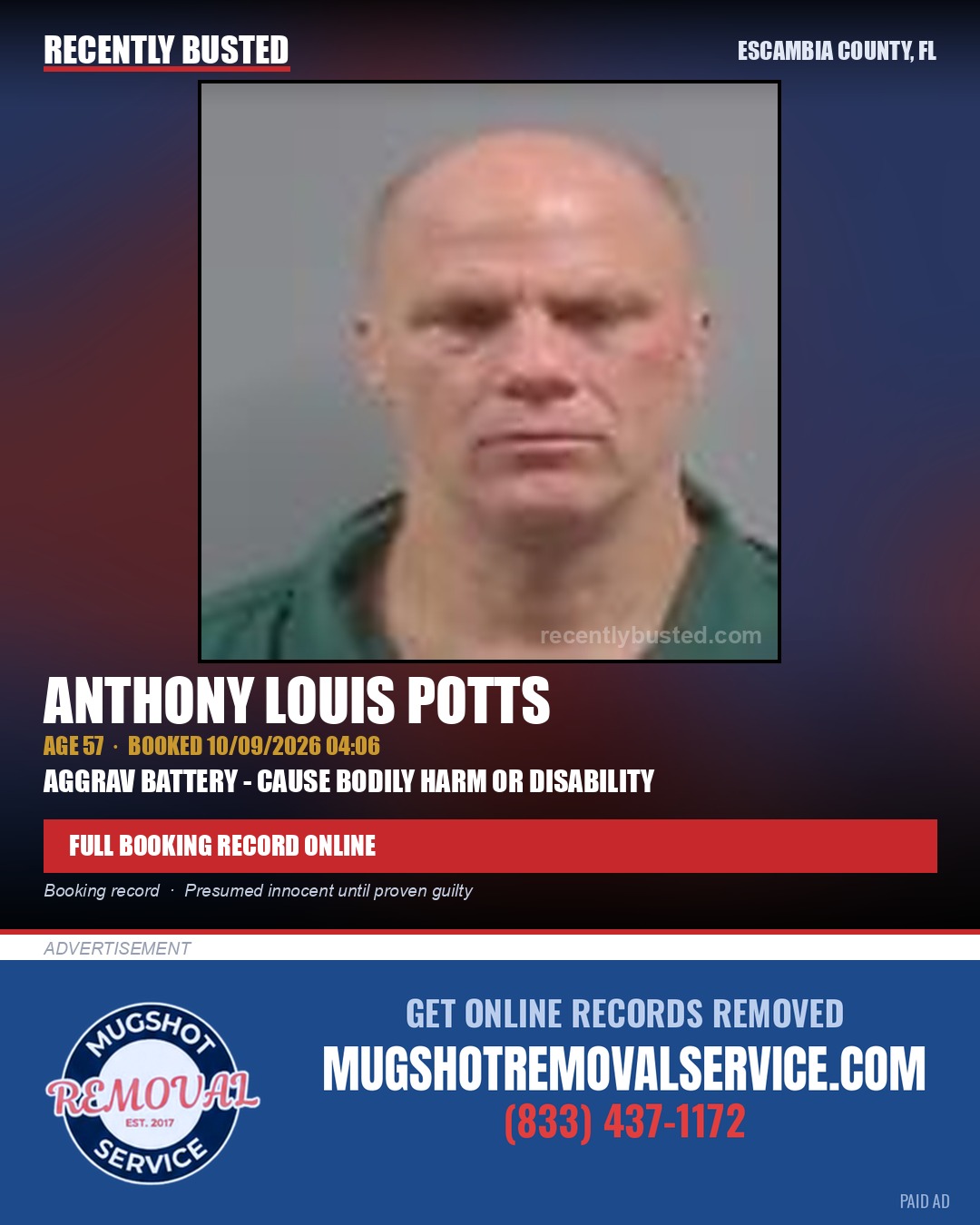 Anthony Louis Potts — arrest record card, Escambia County, Florida