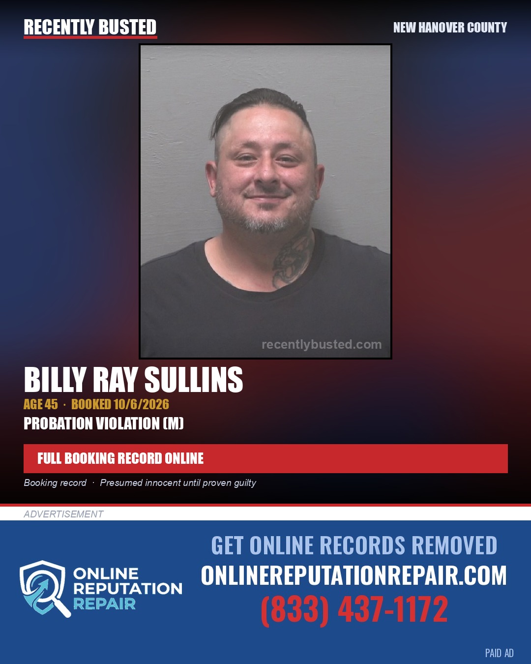 BILLY RAY SULLINS — arrest record card, New Hanover County
