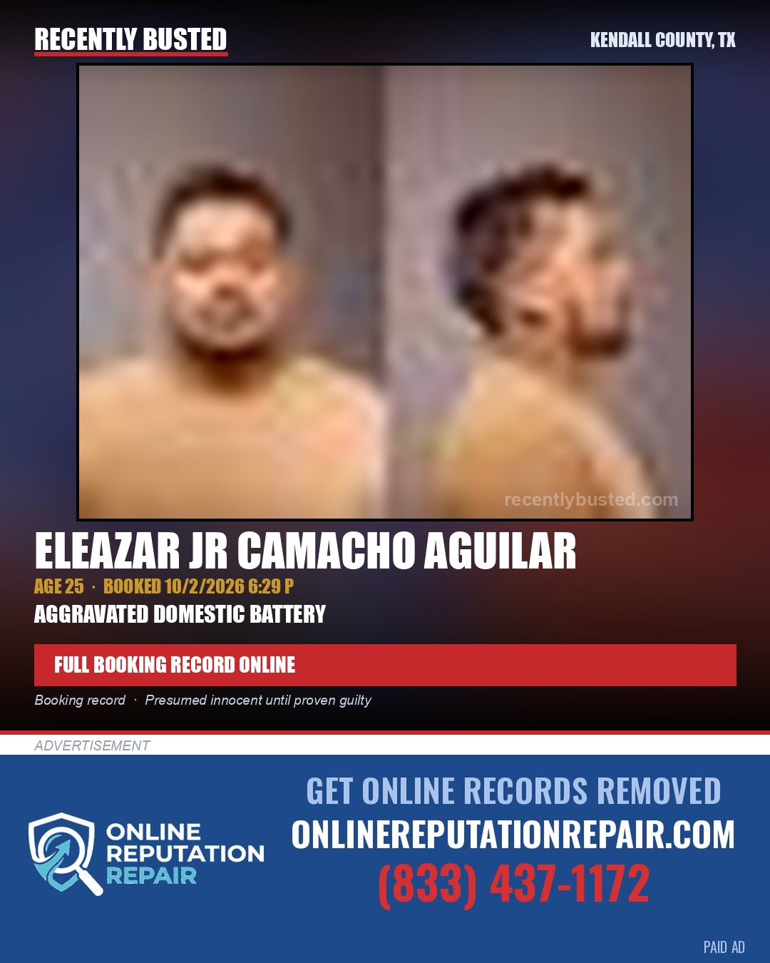 CAMACHO AGUILAR, ELEAZAR  JR — arrest record card, Kendall County, Illinois