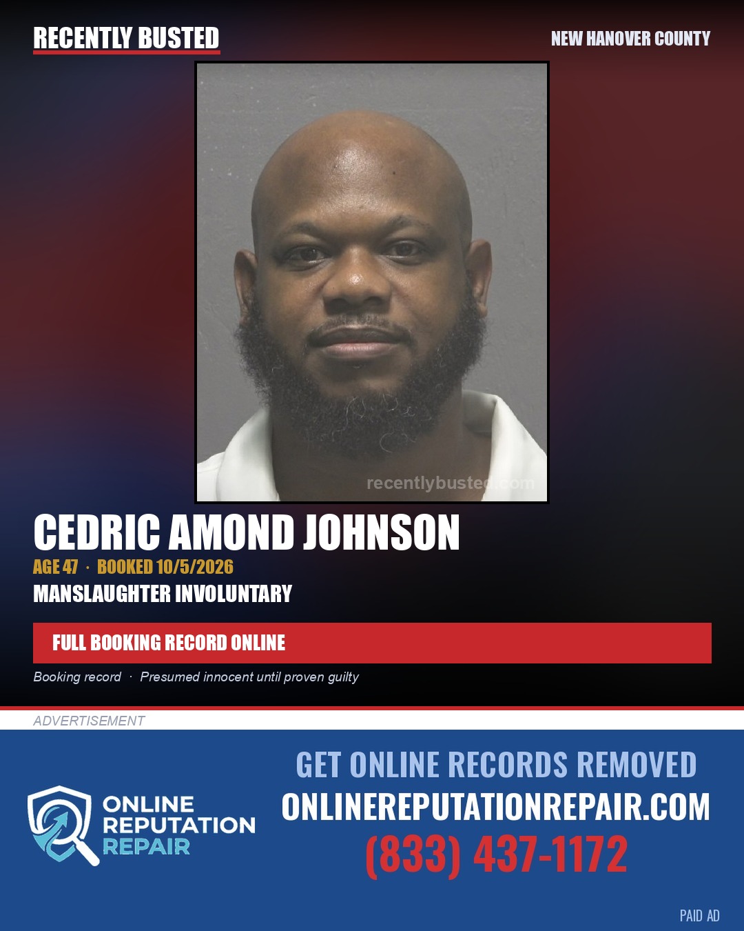 CEDRIC AMOND JOHNSON — arrest record card, New Hanover County