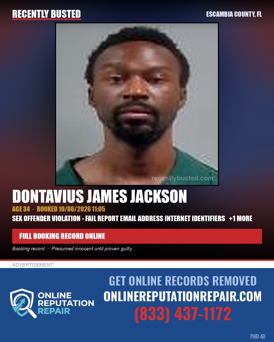 Dontavius James Jackson — arrest record card, Escambia County, Florida