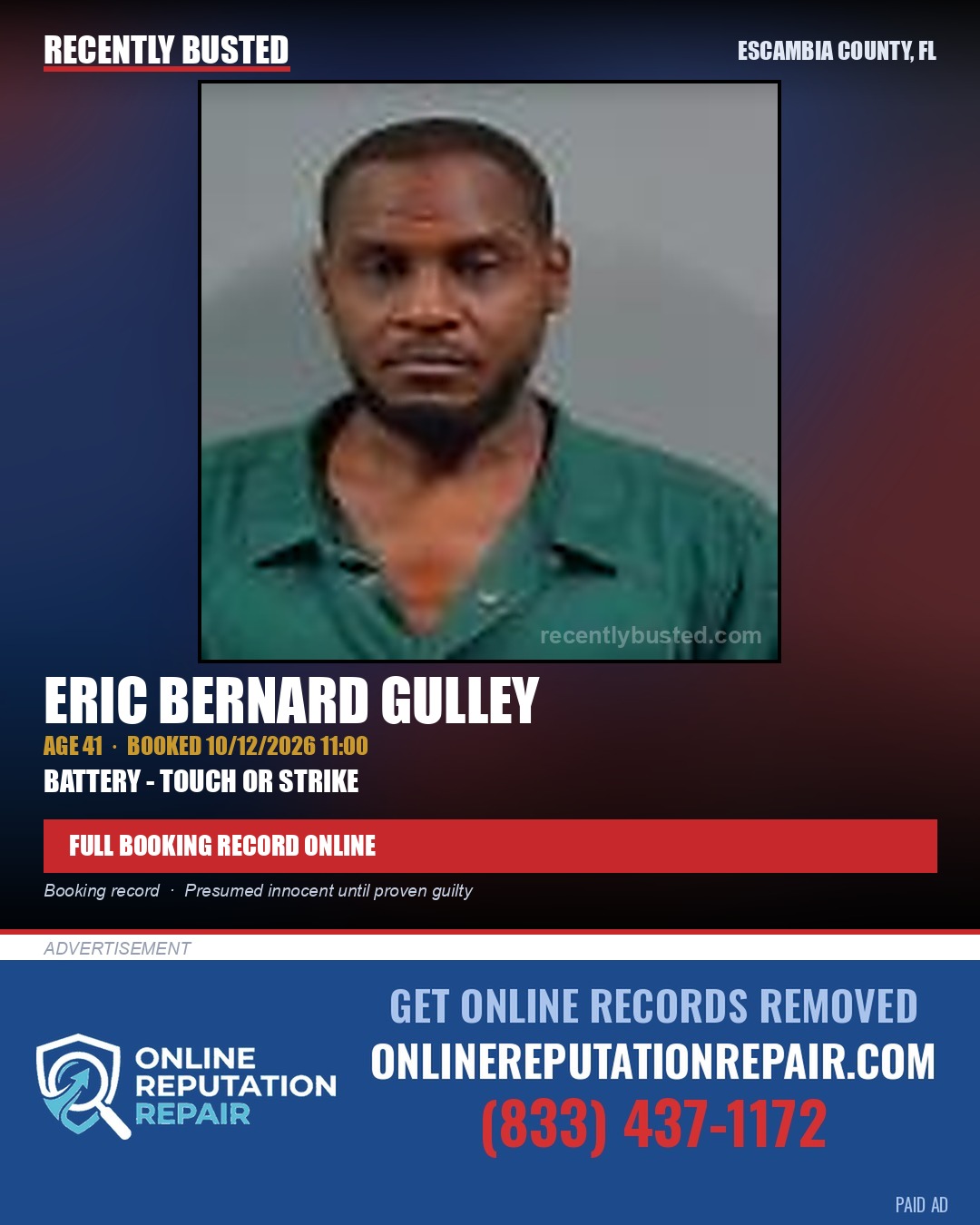Eric Bernard Gulley — arrest record card, Escambia County, Florida