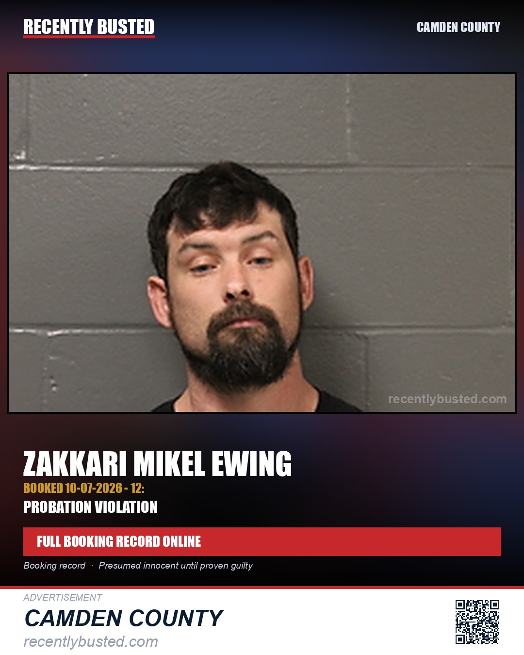 Ewing, Zakkari Mikel — arrest record card, Camden County