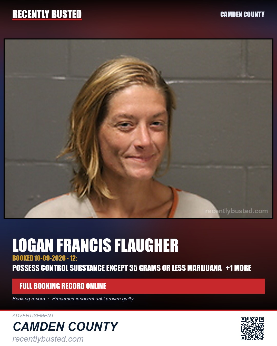 Flaugher, Logan Francis — arrest record card, Camden County