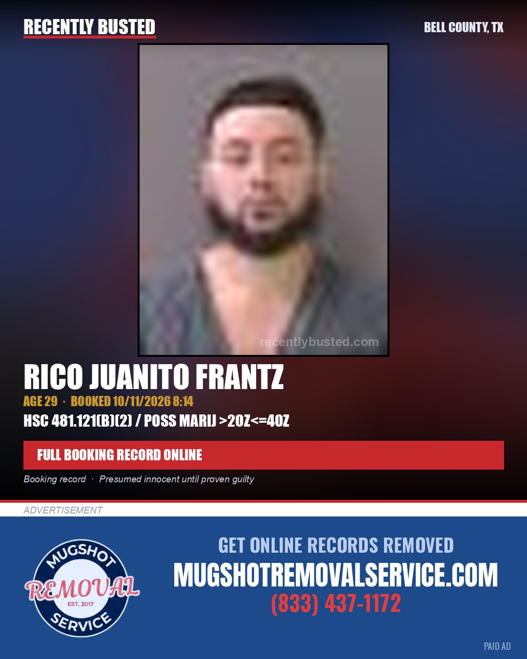 FRANTZ, RICO JUANITO — arrest record card, Bell County, Texas