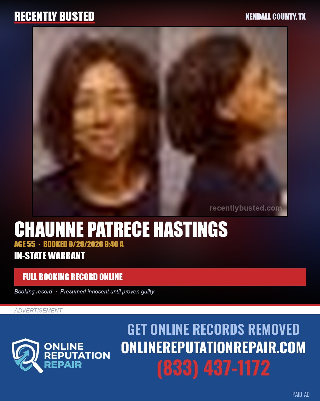 HASTINGS, CHAUNNE PATRECE — arrest record card, Kendall County, Illinois