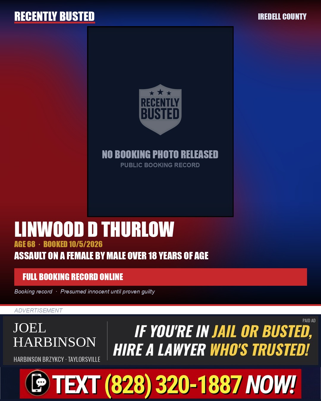 LINWOOD D THURLOW — arrest record card, Iredell County