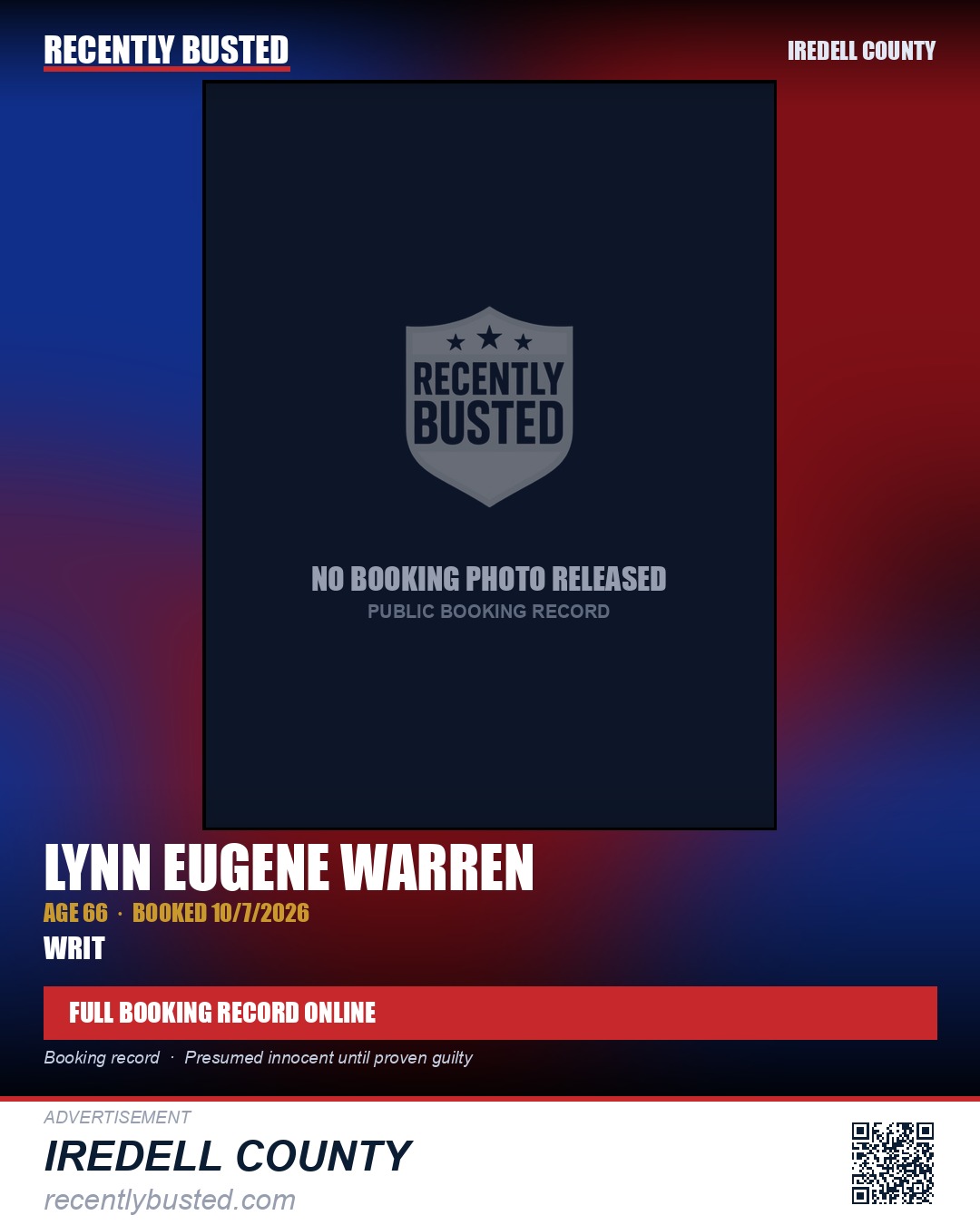 LYNN EUGENE WARREN — arrest record card, Iredell County