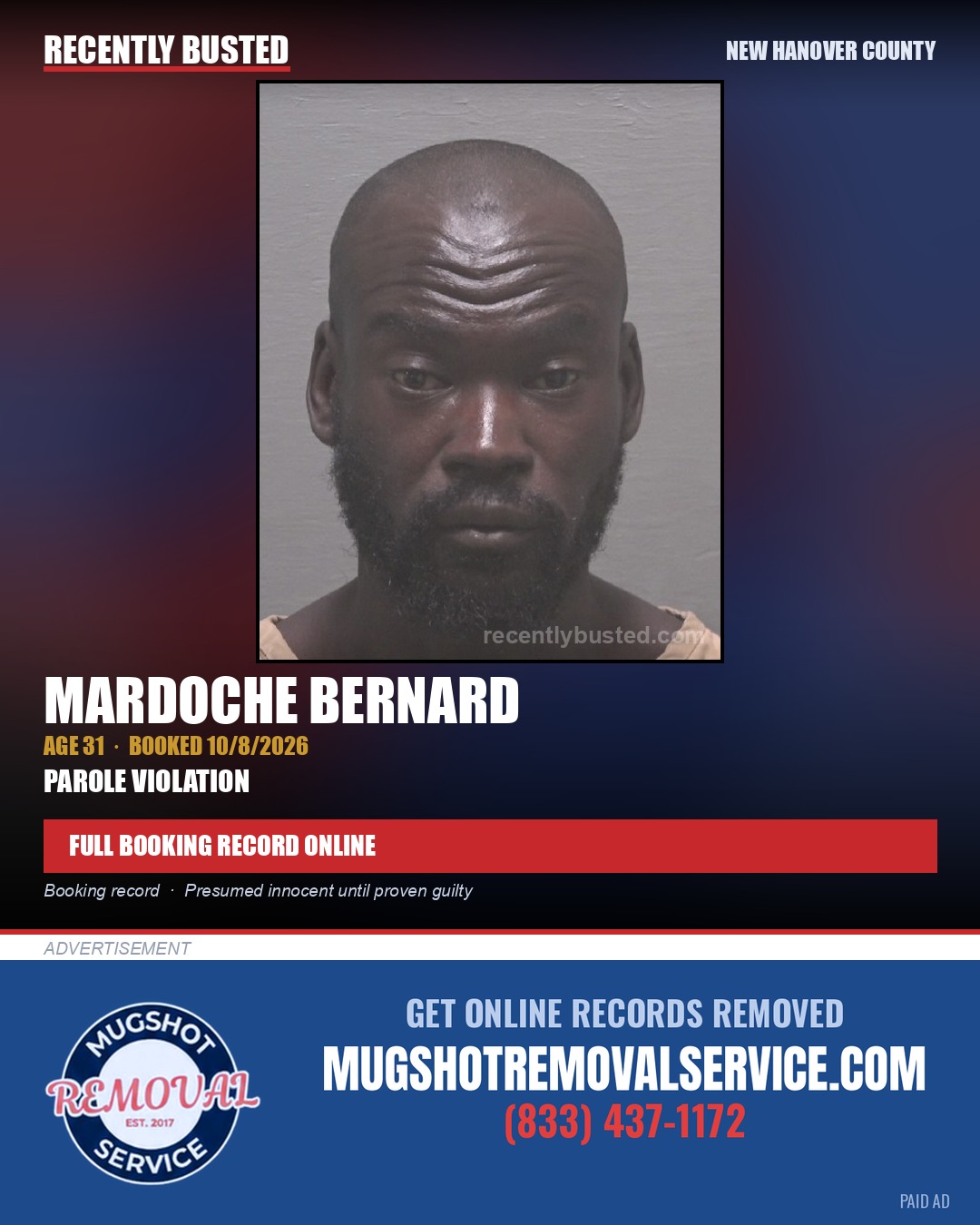 MARDOCHE BERNARD — arrest record card, New Hanover County