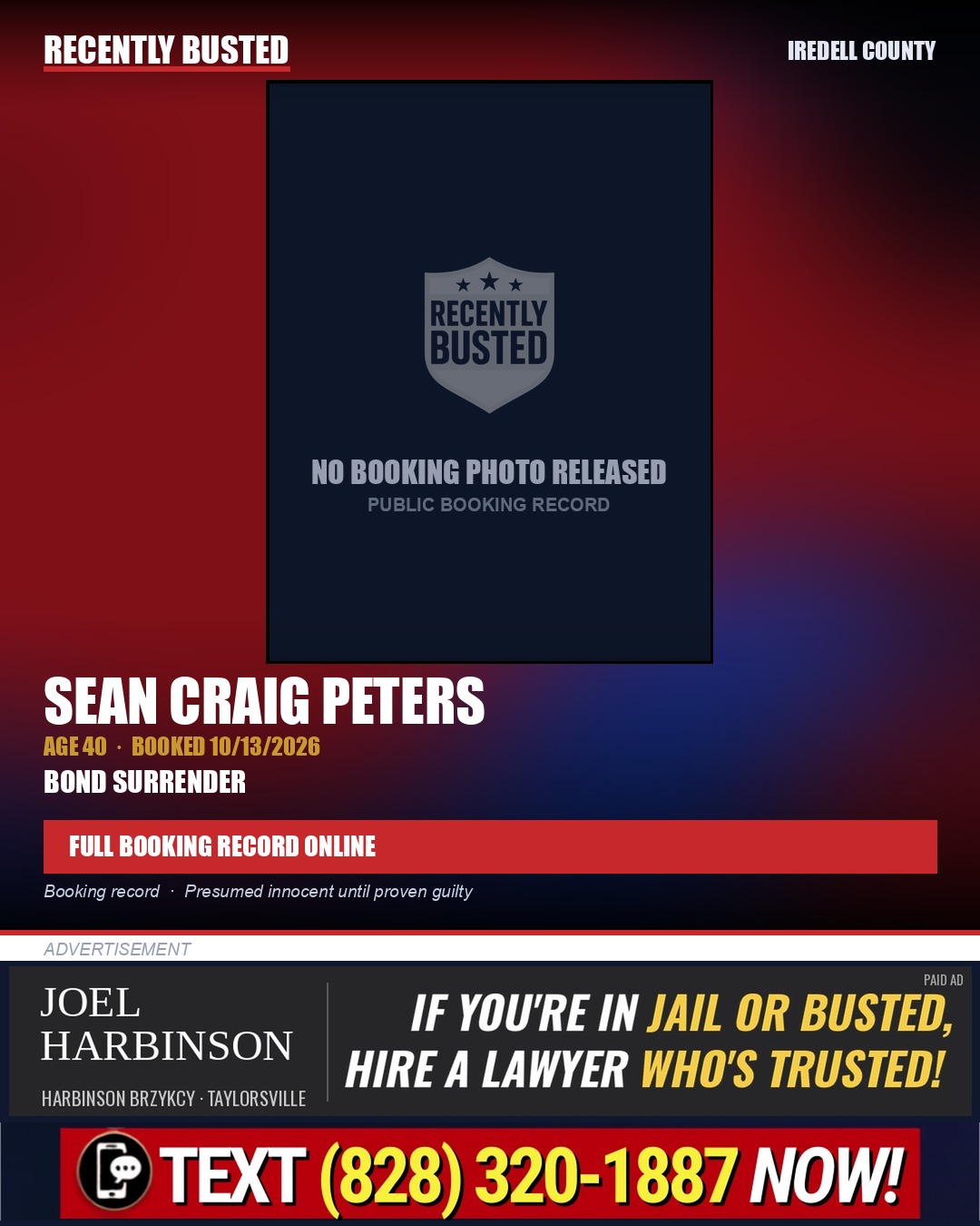 SEAN CRAIG PETERS — arrest record card, Iredell County