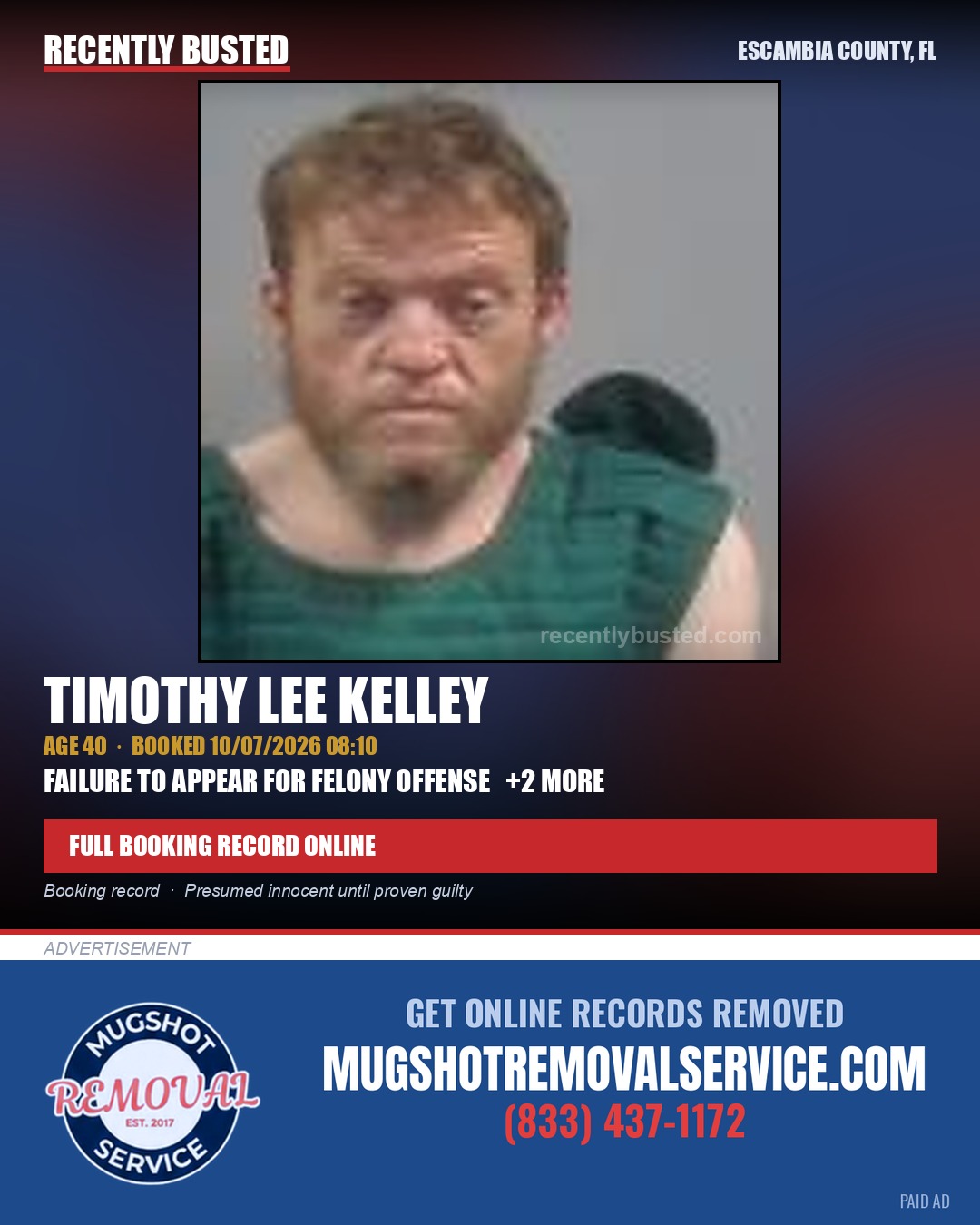 Timothy Lee Kelley — arrest record card, Escambia County, Florida