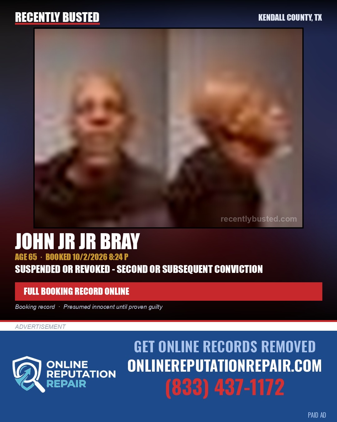 BRAY, JOHN JR JR — arrest record card, Kendall County, Illinois