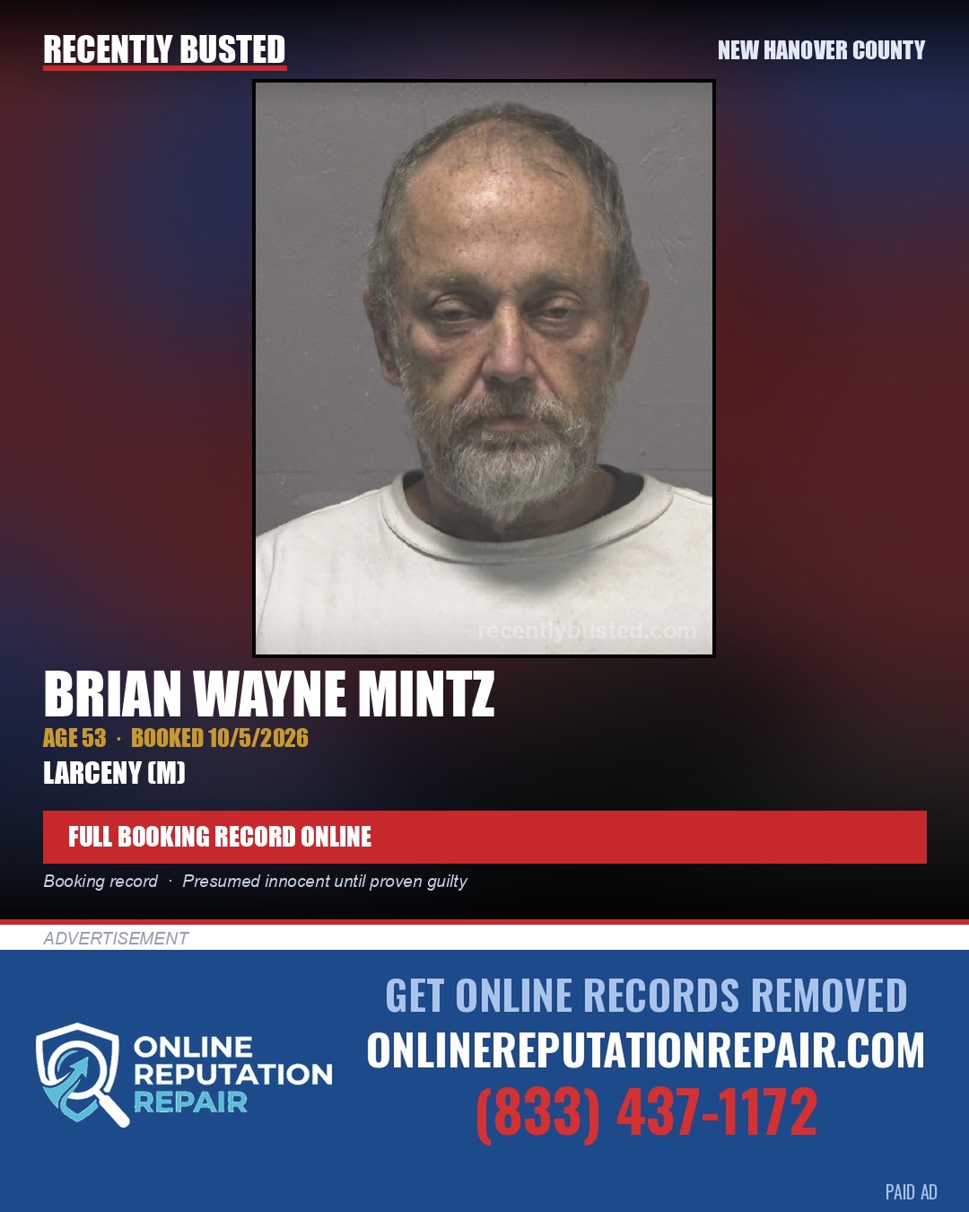 BRIAN WAYNE MINTZ — arrest record card, New Hanover County