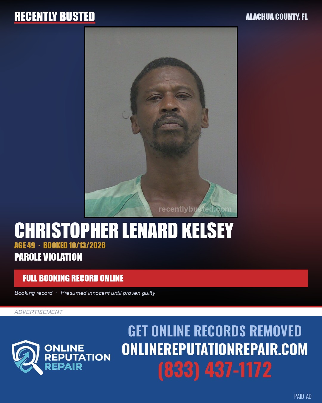 Christopher Lenard Kelsey — arrest record card, Alachua County, Florida