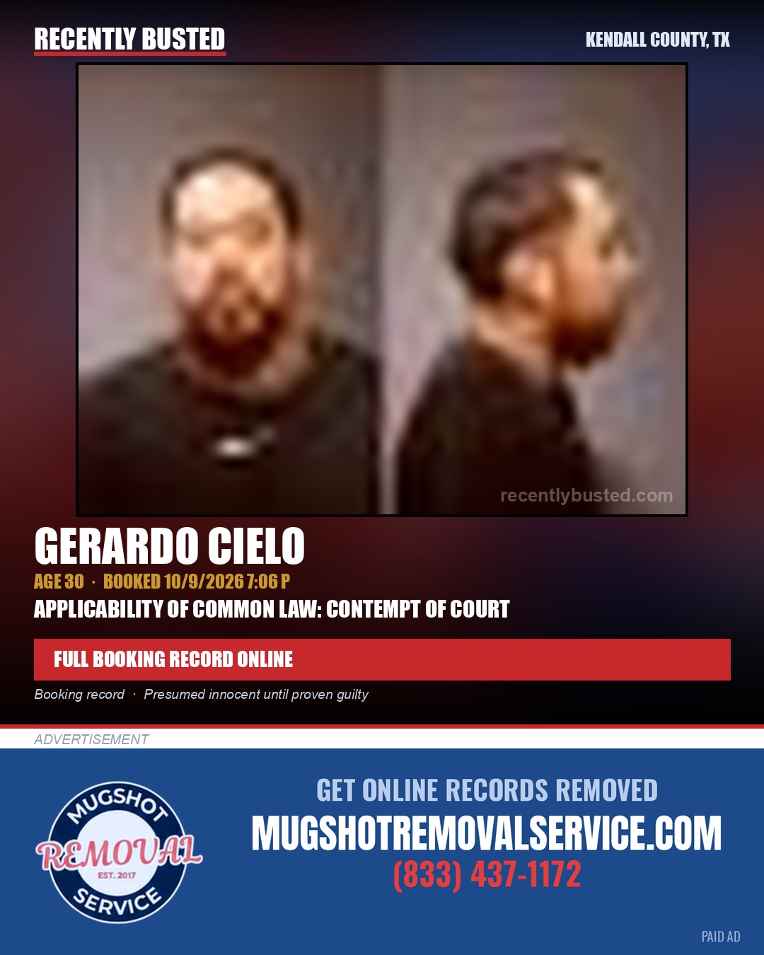 CIELO, GERARDO — arrest record card, Kendall County, Illinois