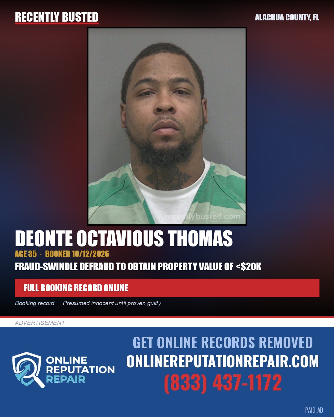 Deonte Octavious Thomas — arrest record card, Alachua County, Florida