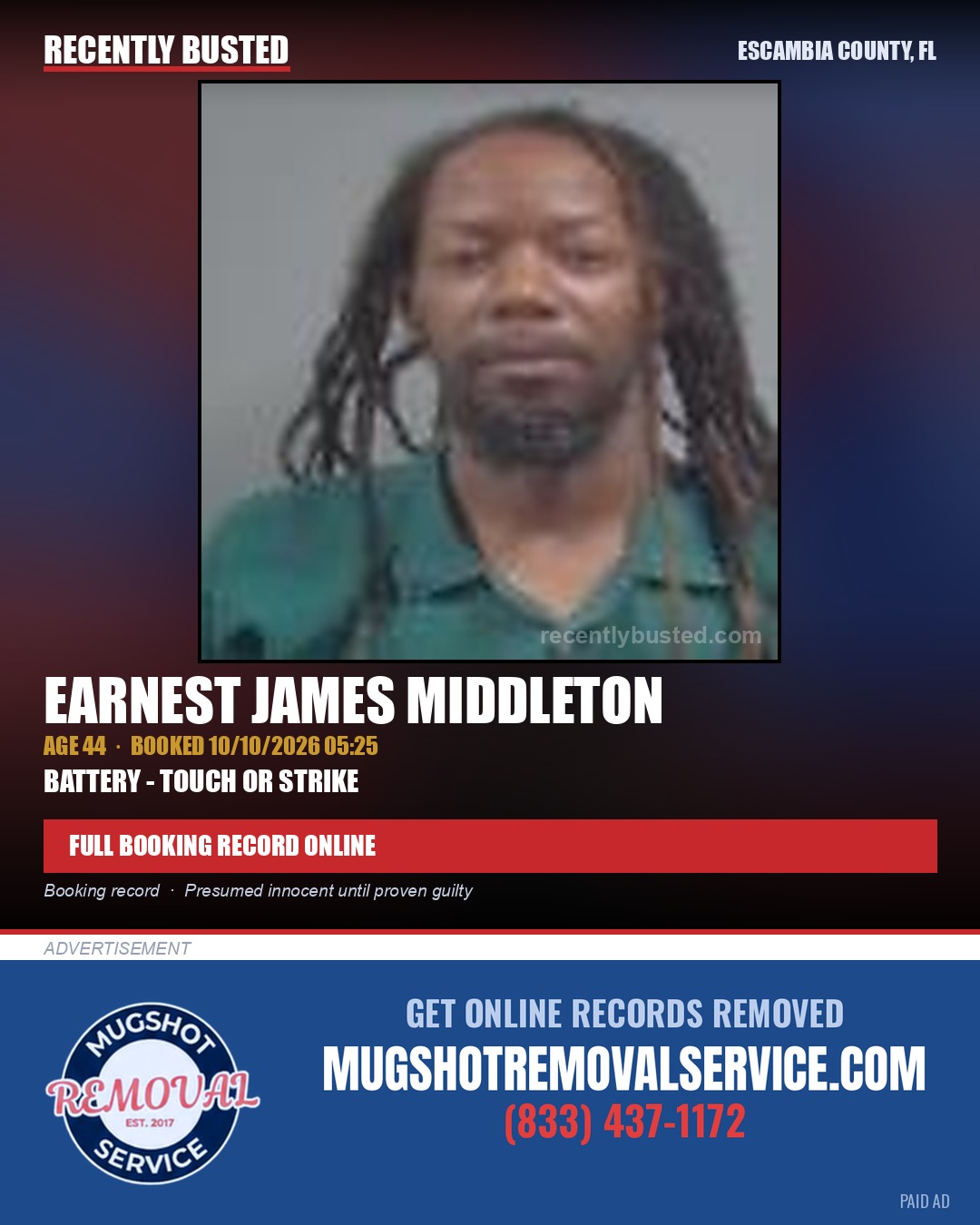 Earnest James Middleton — arrest record card, Escambia County, Florida