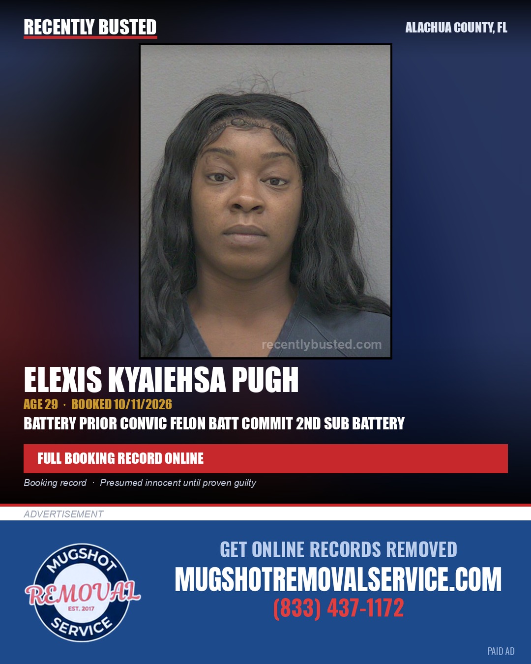 Elexis Kyaiehsa Pugh — arrest record card, Alachua County, Florida