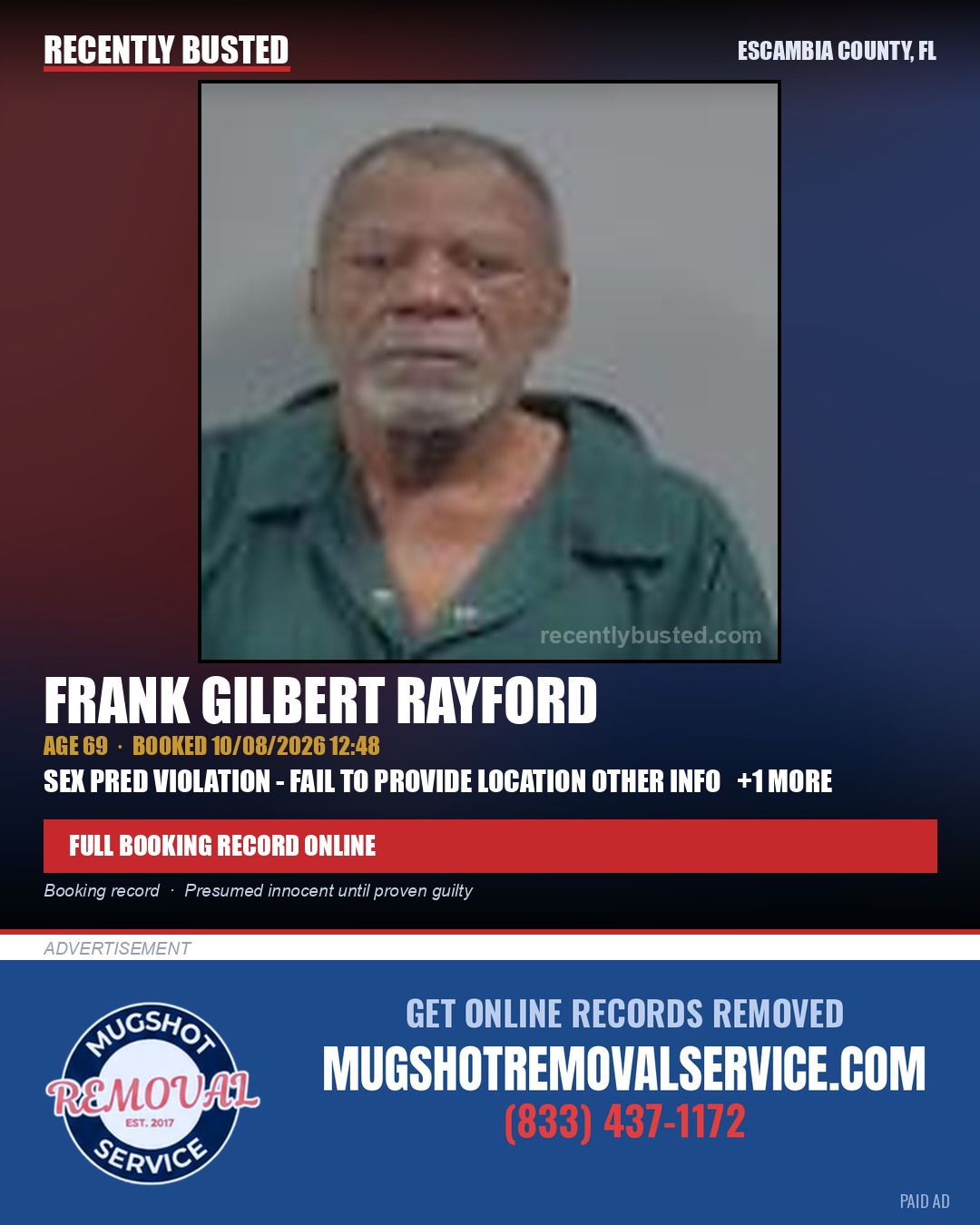 Frank Gilbert Rayford — arrest record card, Escambia County, Florida