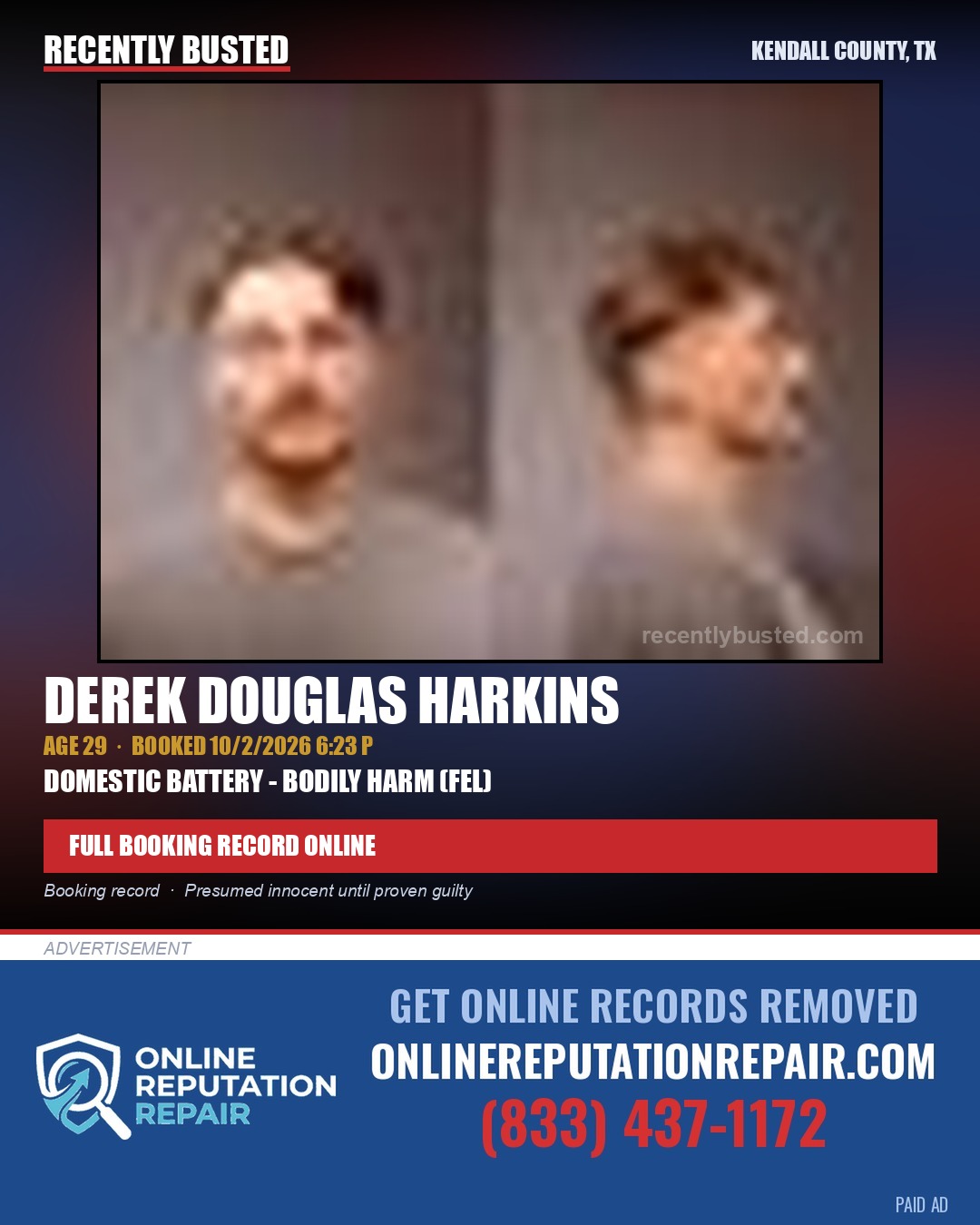 HARKINS, DEREK DOUGLAS — arrest record card, Kendall County, Illinois