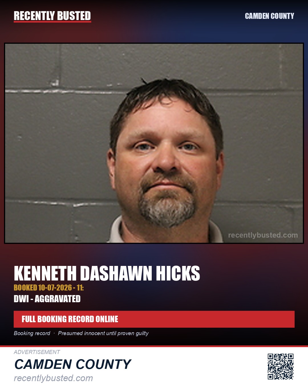 Hicks, Kenneth Dashawn — arrest record card, Camden County