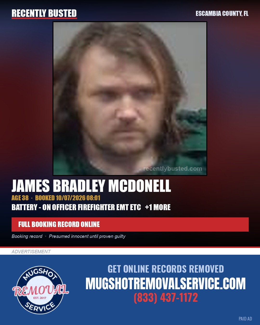 James Bradley Mcdonell — arrest record card, Escambia County, Florida