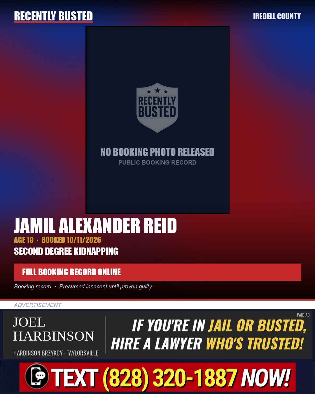 JAMIL ALEXANDER REID — arrest record card, Iredell County